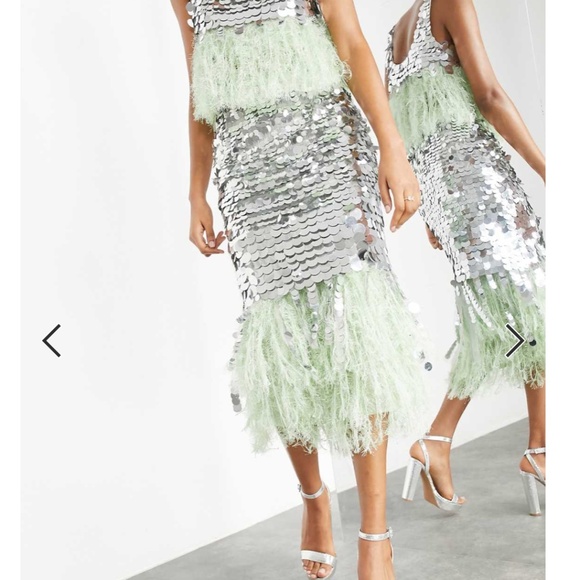 ASOS EDITION paillette sequin mermaid Skirt silver green 6 - Picture 1 of 8